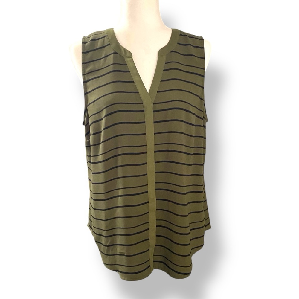 Apt. 9 Sleeveless Striped V-Neck Top Olive Green Black Blouse Size Large